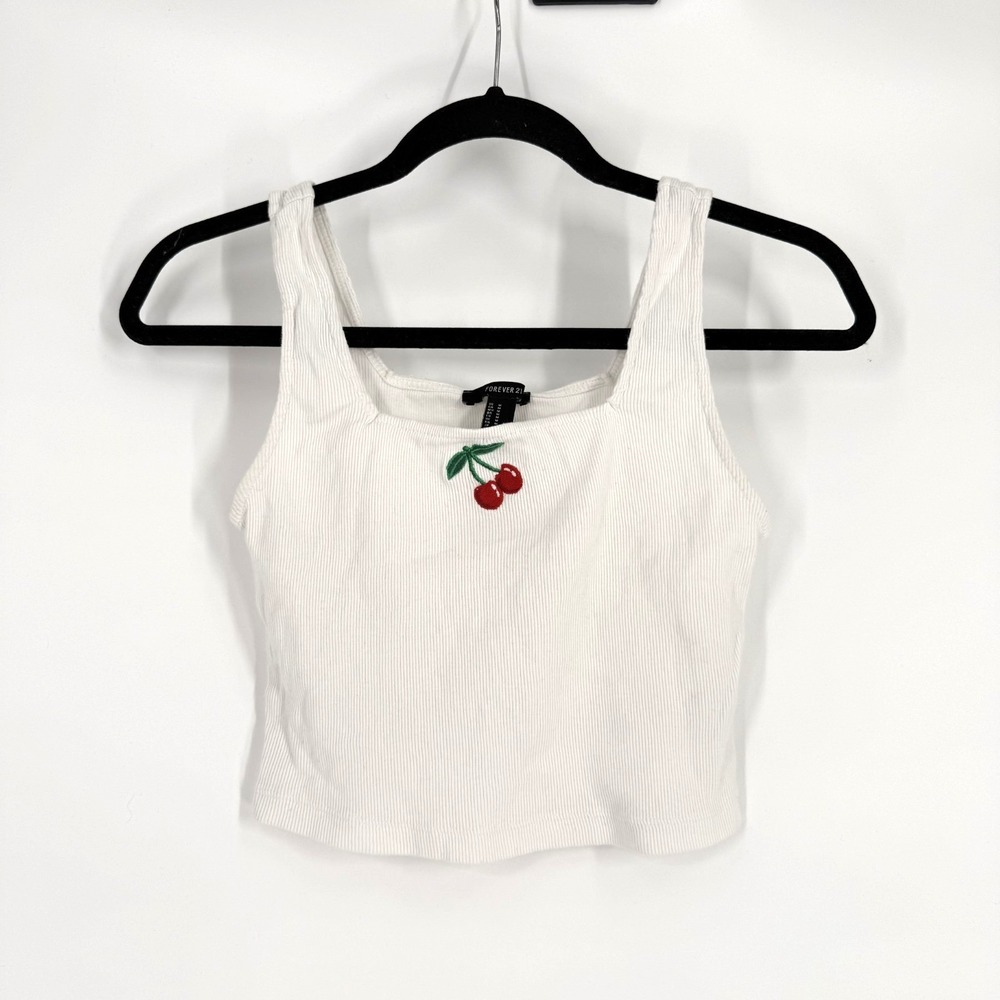 White Ribbed Embroidered Cherry Crop Top Tank Top Medium